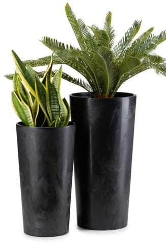 HowHomely 2X Blumentopf Gross mit Pflanzkübel Einsatz | Dunkelbeton-Optik Pflanzkübel Groß für Deko Wohnzimmer oder Garten | Set aus 2 Blumenübertopf (30xh57cm & 25xh46)