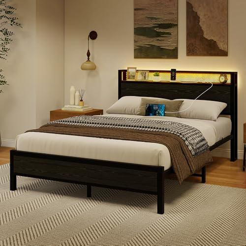 Diahomy King Size Bed Frame with LED Lights/Charging Station,Platform Bed Frame King Size with Storage Headboard/Mattress Foundation/Metal Slat Support/No Box Spring Needed,UnderBed Storage, Black