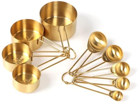 Cucchiaio Dosatore da 9 Pezzi, Acciaio Inossidabile Misurini Cucina, Grammi Misurino, Cucchiai Dosatori, Tazza Misurino, Set di Misurini e Cucchiai Dosatori per Cucina, Forno, Bevande (Oro)