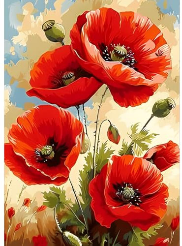 QQYRHN 5D Mohnblumen Diamond Painting Kit für Erwachsene Anfänger Rote Blumen Diamant Kunst Kits Vollständiges DIY Diamantstickerei-Set Perfekt zur Entspannung und Dekoration 30x40 cm