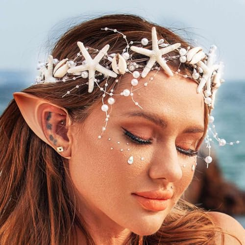 Atigy Starfish Bridal Headband Pearl Hair Vine Beach Wedding Hair Accessories for Women (White,One Size)