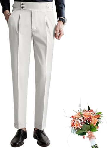 Klassische Gurkha-Hose für Herren, italienischer Stil, kein Gürtel erforderlich, Anzughose, hohe Taille, alte Geld-Faltenhose, Weiß (mit Knöpfen), 44