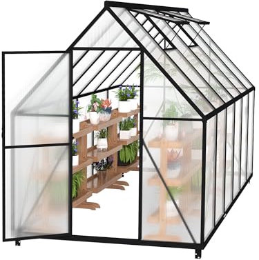 FIVMEN Serre de jardin en aluminium avec base de 6 cm et plaque en polycarbonate de 4 mm - Résistante aux UV et aux intempéries - 340 x 180 x 195 cm
