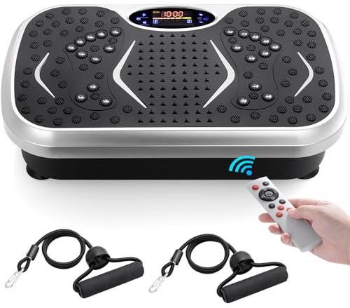 TLGREEN Vibrationsplatte 99 Stufen 5 Trainingsprogramme, Kompaktes Design, Leiser Motor, Trainingsbänder, rutschfest, Fitness Vibrationsboard für Zuhause, Fettverbrennung & Muskelaufbau, Silber