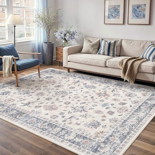PureCozy Teppich Wohnzimmer 160x230cm Waschbarer Teppiche,Blau&Weiß | Blumenmuster,Waschbar, Rutschfest, Kurzflor, Weich, Schlafzimmer, Esszimmer, Büro, Flur, Kinderzimmer