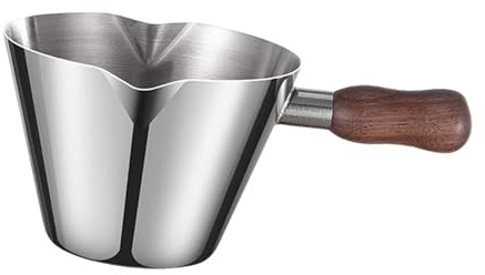 Coffee Measuring Cup Milk Pitcher Jug 200ml, Stainless Steel with Wood Handle, Double Spout for Latte Art, Espresso, Bar Kitchen- Silver