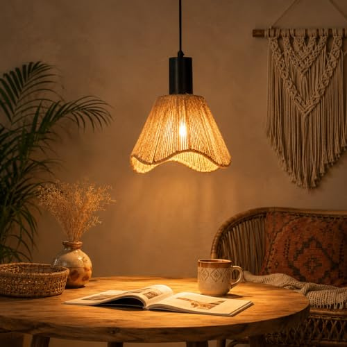 Deboola Hängelampe Boho Pendelleuchte Rattan 1 Flammig Esstischlampe | Vintage Geflochten Hängeleuchte Lampenschirm Papierseil E27 Pendellampe für Esszimmer Schlafzimmer/Ohne Leuchtmittel