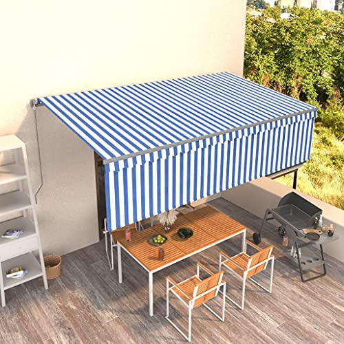 Manuelle Einziehbare Markise 5x3 m, Blau-Weiß, UV- & Wasserbeständig, mit Rollo für Terrasse, Balkon & Garten, Pulverbeschichtetes Aluminium