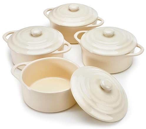 Kook Ceramic Mini Cocotte Set, Small Casserole Dishes with Lids and Handles, Individual Baking Ramekins, Oven, Microwave & Dishwasher Safe, Stoneware, 12 oz, Set of 4, Ivory