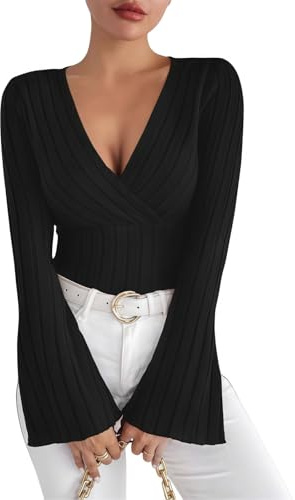 SamHeng Women's Flare Long Sleeve Tops Knited Deep V Neck T-Shirt | Striped Elegant Basic Blouse Tops for Women UK Slim Fit Sexy Going Outfits for Office Lady Streetwear for Spring/Fall/Winter