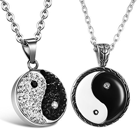 Cupimatch 2pcs ying yang kettenanhänger mit Kette, Freundschaftsketten Zirkonia Tai Chi Anhänger mit 55cm Halskette, schwarz silber