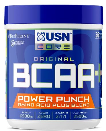 USN Power Punch BCAA Amino Acids Powder, Blue Raspberry Flavour - 400g, Vegan BCAA Powder, Vitamin B6 & No Sugar, Pre Workout & Intra Workout Energy Drink & Dietary Supplement to Maximise Performance