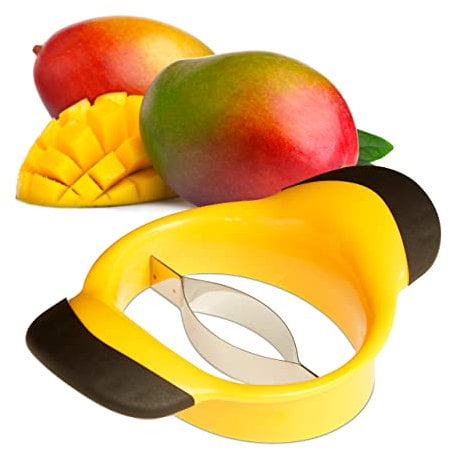 Relaxdays Coupe-mangue, diviser & dénoyauter, poignée antidérapante, lame acier inoxydable, trancheuse fruit, noir-jaune