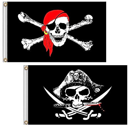 Lot de 2 drapeaux de pirate Isuraul - 0,9 x 1,5 m - Tête de mort - Tête de mort - Os croisés - Polyester - Double couture -