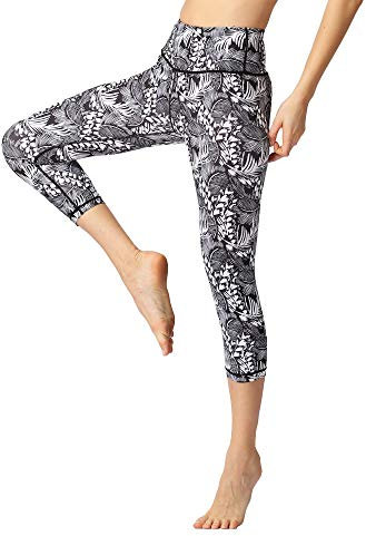 FLYILY Sporthose Damen Capri Yogahosen für Damen Elastische Tummy Control Yogahose Training Tights Yoga Hosen 3/4 Sporthose Laufhose(BlackLeaf,M)