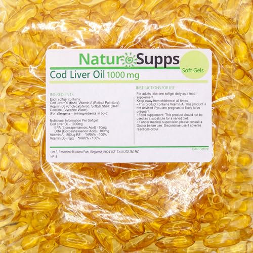 Cod Liver Oil Capsules High Strength 1000mg, 365 Omega 3 Softgels, EPA DHA Vitamin A Vitamin D3, 1 Year Supply, Gluten Free, UK Made by Natur Supps
