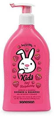 sanosan 2in1 Dusche & Shampoo Himbeere für Kinder - Duschgel & Haarshampoo mit Bio Olivenextrakt & Milchprotein (1x 400 ml) - Haarpflege, Hautpflege, Shower Gel, Haar Shampoo