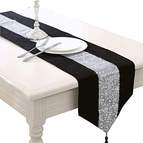 LCHULLE Tischläufer/Tischdecke mit Schmucksteinen 220 * 33cm Glitzer Tischläufer Tischband Tischdecken für Party Hochzeit Bankett Tischdekoration Schwarz