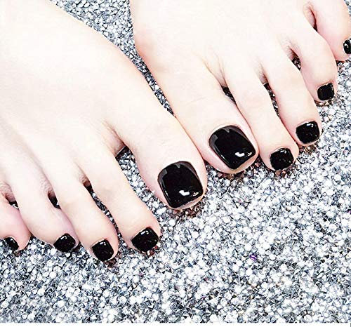 Yienate Lot de 24 faux ongles pour orteils - Noir vif - Chic - Couverture complète
