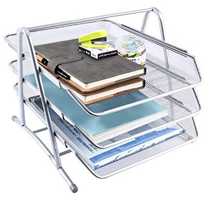 Ejoyous DOKUMENT Briefablage, Dokumentenablage aus Metall, Dokument Brief Ablage, Briefablage 3 Fächer, Mesh Design Schreibtischablage für A4 Dokumente (Silber)