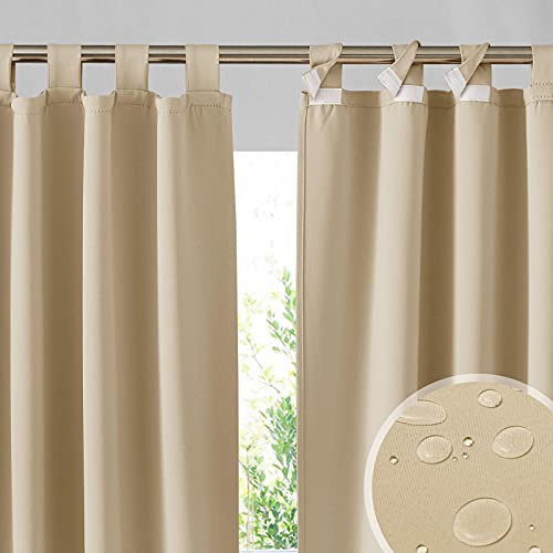 RYB HOME 2 Panels Outdoor Curtains for Patio Waterproof Sticky Top Block Sunlight Thermal Insulated Privacy Assured Thick Outside Curtains for Porch, Balcony, Pergola, W52 x L84, Beige