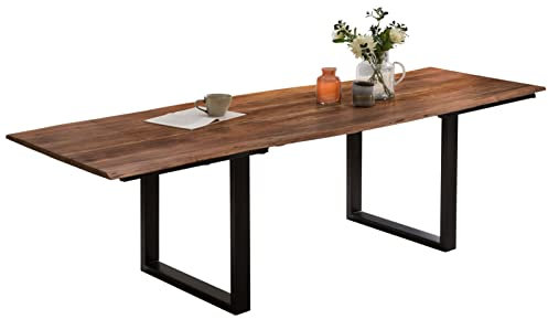 SAM Baumkantentisch 200 (300) x 100 cm Adina, Akazienholz nussbaumfarben & massiv, Esszimmertisch mit 2 Ansteckplatten, Mattschwarzes U-Metallgestell, Platte 26mm