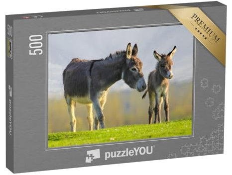 puzzleYOU: Puzzle 500 Teile „Graues niedliches Eselbaby und Mutter auf Blumenwiese“ – aus der Puzzle-Kollektion Esel, Bauernhof-Tiere
