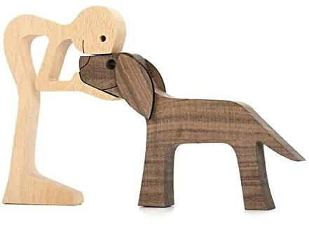 Pet Lover Gifts Holzskulptur, Familie & Welpe, Holzskulptur, einzigartiges, handgeschnitzt, Holzfigur für Hunde, menschliche Statue, Haustierliebhaber, Geschenke für Holzskulptur (Man und Hund)