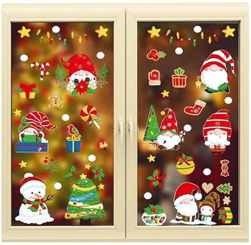 Larcenciel Weihnachten Fensteraufkleber, 9 Blatt Fensterbilder 73 Stück Fenstersticker mit Weihnachtsmann Süßigkeitsmuster, Niedlicher Cartoon-Weihnachtsaufkleber, Weihnachtsdekoration für Glas