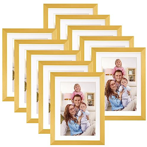 Giftgarden 10 Stück Bilderrahmen 10x15 cm mit Passepartout, Gold Fotorahmen Collage Set für 13x18 cm Fotos Ohne Passepartout, Wand- oder Tischaufsteller