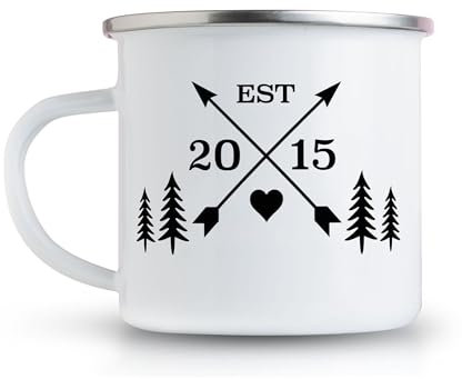 Pink Positive 10 Year Anniversary Gift | Tin Gift Camping Mug Est 2015 Year printed on Enamel Mug Personalised Camping Coffee Cup - for Wedding Year Celebration - Perfect Keepsake for Him or Her