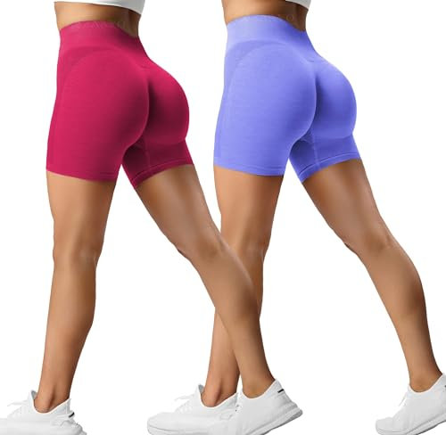 ZAAYO 2er-Pack Sport Short Damen Butt Scrunch Kurze Sporthose Laufhose Hohe Taille Kurze Hosen Butt Lift Booty Nahtlos Fitness Tie Dye Gym Shorts Rose-Taro Purple Medium