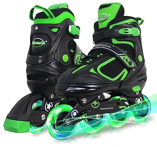 MammyGol Adjustable Inline Skates for Boys Girls Kids Youth with Light up Wheels, Green Beginner Blades Roller Skates for Boys Size 1 2 3 4 Ages 6-12