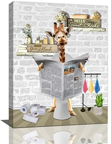 Giraffen-Badezimmer-Dekoration, Wandkunst auf Toilette, Leinwand, lustige Tierbilder für gerahmtes, modernes Gemälde, Kunstwerk, Dekoration, fertig zum Aufhängen, 20,3 x 30,5 cm, Giraffen-Dekor