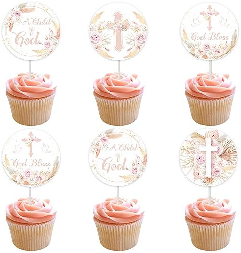 36Pcs Boho Rosa Aprikose Floral Gott segnen Taufe Cupcake Toppers für Mädchen, erste heilige Kommunion ein Kind Gottes religiöses christliches Kreuz Baby Dusche Geburtstag Party Dekorationen