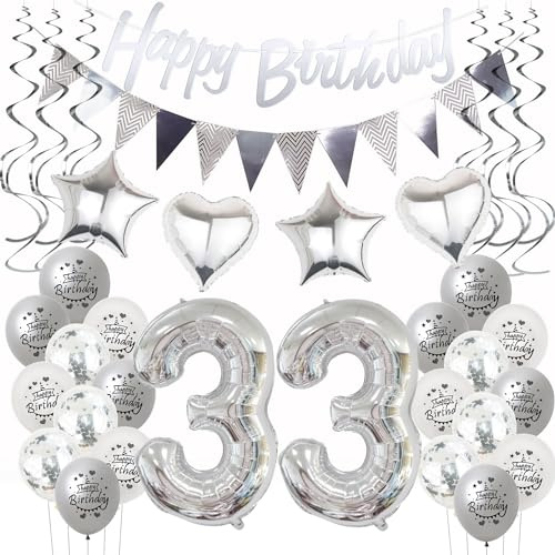 Silber Geburtstagsdeko 33 Jahre Frauen Mann,ballon 33 Geburtstag Frauen Deko, Luftballons 33. Geburtstag Dekoration Frau silber ,Party Deko 33. Männer 33 Jahre Frau Geburtstagsdeko