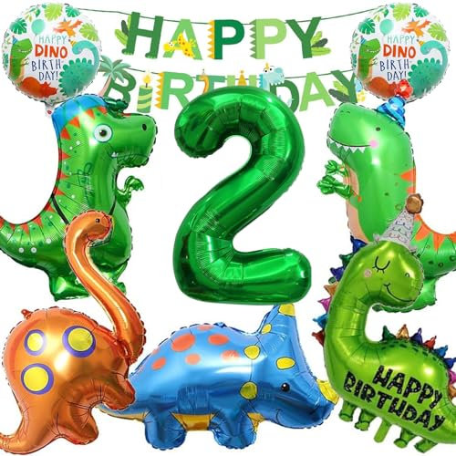 GAROMIA Dino Ballons Geburtstag 2 Jahre Dino Geburtstag Dinosaurier Ballon Deko Kindergeburtstag XXL Folien Dinosaurier Luftballons mit Happy Birthday Girlande 2 Folienballon für Junge