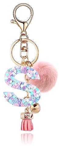 QUKE Porte-clés en résine avec initiale de l'alphabet pour femmes et filles - Porte-clés pour sac d'école avec boule en fourrure, Boule Fourrure Rose Lettre S