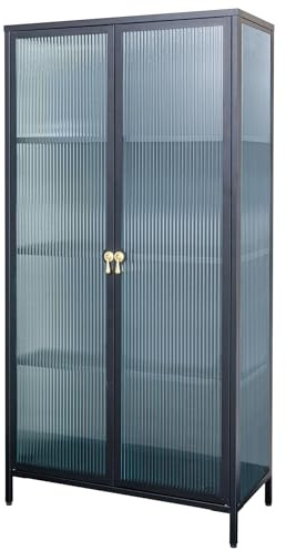 Riess Ambiente Moderne Vitrine Amsterdam 160cm schwarz Gold Riffelglas Metall Highboard Schrank, stylische Anrichte für Dein Wohnzimmer