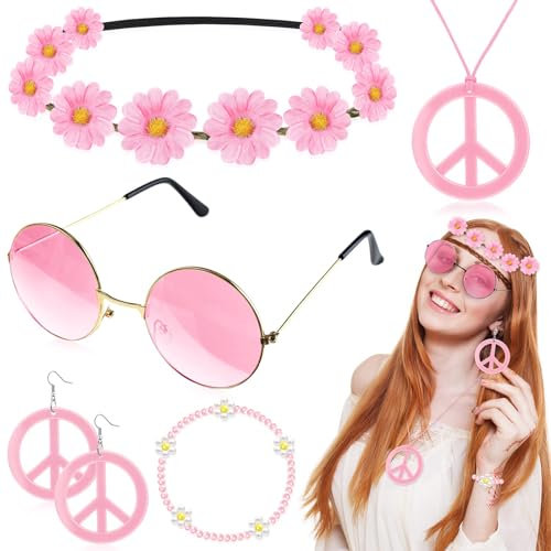 Sunwuun 6 Stück Hippie Accessoires Damen,70er Jahre Accessoires,Hippie Brille,Peace Ohrringe,Peace Kette Hippie,Haarband,Halskette,Hippie Kostüm Zubehör,Flower Power Accessoires