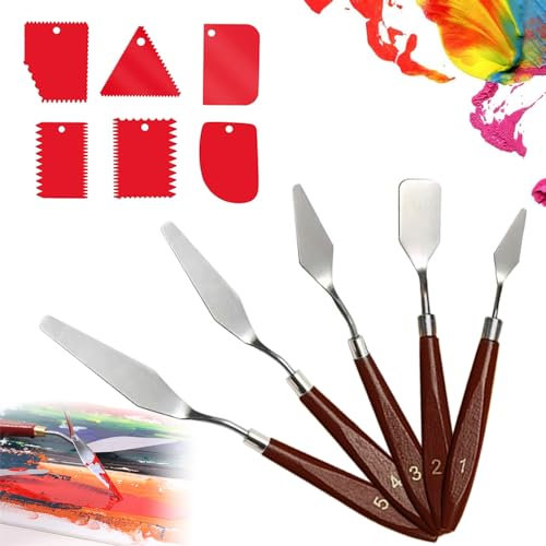 Palette Knife, 11Pcs Painting Knife Set, 5 Stainless Steel Painting Knives with 6 Plastic Scraper, Steel Painting Knives for Art Craft Painting