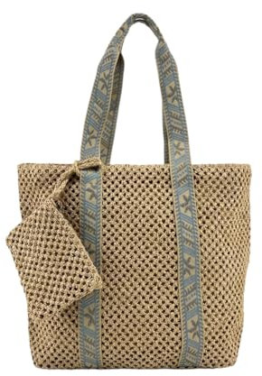 MODELISA - Bolso Shopper De Hombro Rafia Paja Grande Playa Cremallera Estilo Casual Mujer (Marrón)