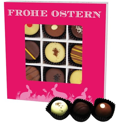 Hallingers Genuss Manufaktur Pralinen Oster-Geschenk - mit & ohne Alkohol, handmade aus Edelkakao in wertiger L-Geschenkbox Frohe Ostern pink, Ostern Körbchen für Frauen Mädchen