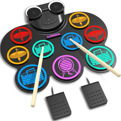Clordeal Batteria Elettronica Portatile con Bluetooth e MIDI - 9 Pads Batteria Elettrica, Altoparlanti Stereo Integrati, Batteria Ricaricabile, Ideale Regalo Natale e Compleanno per Bambini e Adulti