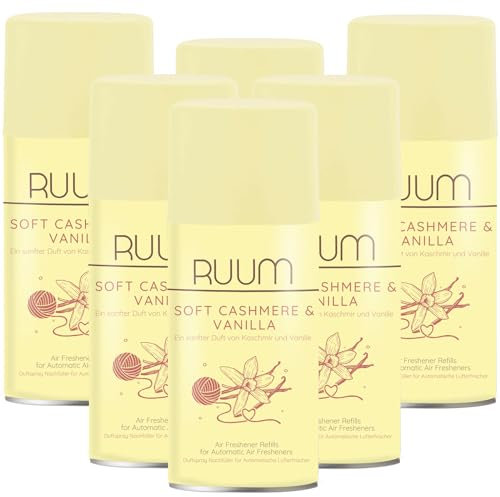 RUUM Lufterfrischer Nachfüller 6er Pack Soft Cashmere&Vanilla - Duft Nachfüller kompatibel mit Air Wick Freshmatic, Glade Brise - 6x 250 ml Duftspray für Geruchsneutralisierung & Frische