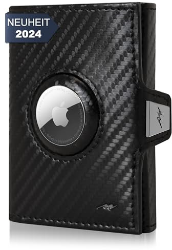 Marc Peter® Jupiter Airtag Echtleder Geldbörse mit XL Münzfach | Kleines Portemonnaie für Herren mit RFID | Apple Airtag Kompatible Mini Geldbörse |Kreditkartenetui für bis zu 11 Karten Carbon