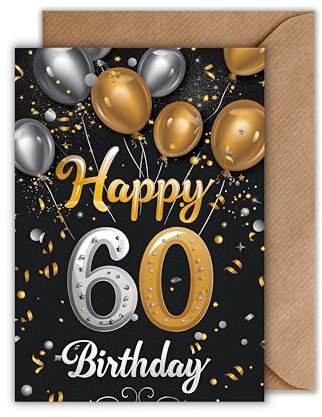 WBdesignz 60. Geburtstag Karte mit Umschlag - Elegante Geburtstagskarte 60 Jahre Happy Birthday Schwarz Gold Ballons 60ter Geburtstag (DIN A6)