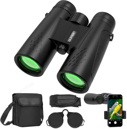 QUNSE Prismáticos compactos 10 x 42 para observación de aves con adaptador de teléfono móvil para observación de aves, viajes, paisajes, cielo estrellado, caza, conciertos (negro, 10, x, milímetro,
