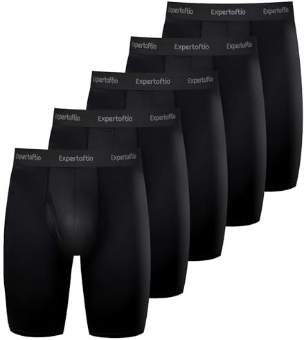 Expertoftio Men's Underwear 9 Inch Long Leg Boxer Briefs for Men, Performance, Moisture Wicking Pack of 5, Anting Chafing, Fly, All Black,M