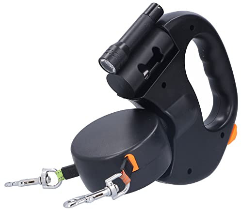 Correa Retráctil Doble para con Linterna para 2 Perros, Correa Giratoria de 360° sin Tirones con Dispensador para Perros y Gatos Pequeños y Medianos, Mango Ergonómico Cómodo